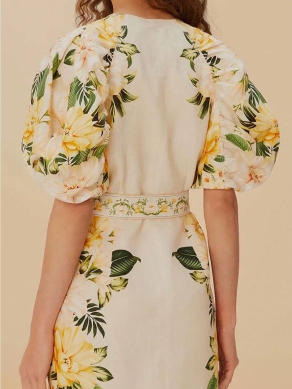 FARM Rio Cream Mini Dress with Yellow Floral Print and Puff Sleeves - Picture 4 of 5